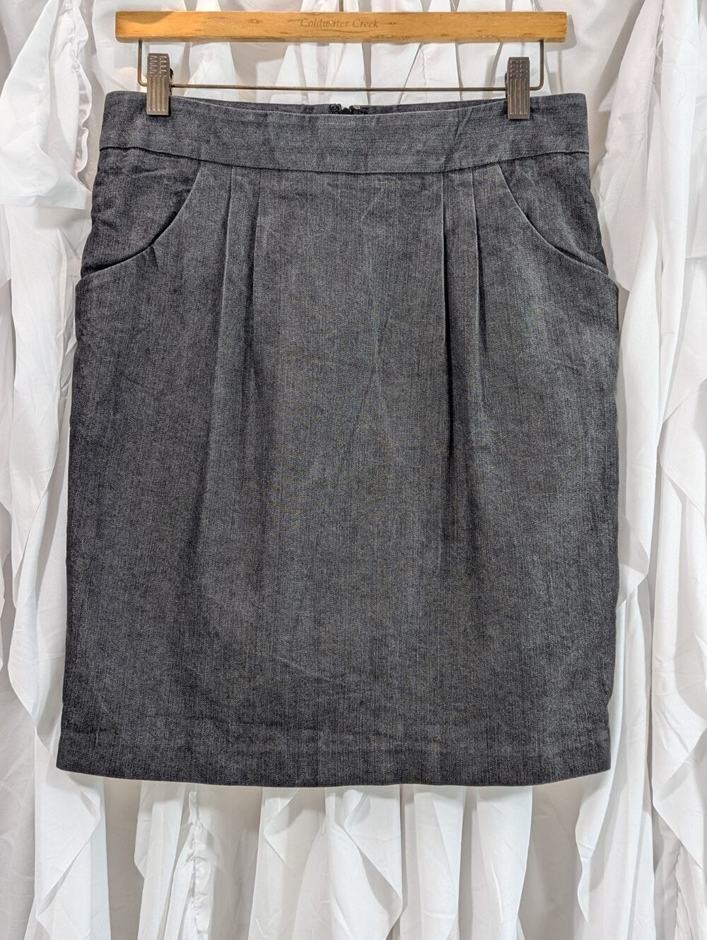 Adam Lippes Womens Size 8 Black Denim Pleated Stretch Pencil Skirt Pockets